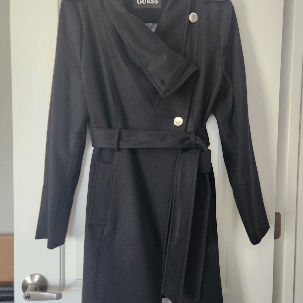GUESS Black Belted Wool-Blend Wrap Coat